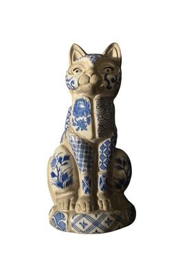 Vintage 1981 Nancy Lopez Blue White Cat Tile Mosaic Statue Figurine 4x9.5"